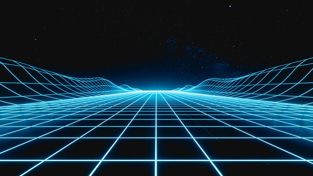 A glowing neon wireframe grid stretches across a dark starry space, creating a futuristic abstract digital landscape with depth.