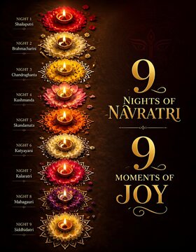 Vertical banner for nine nights of navratri with glowing lamps and festive floral decor