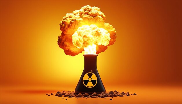 Nuclear reactor tower beneath fiery mushroom cloud