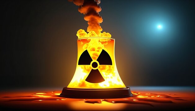 Burning nuclear cooling tower with radioactive sign