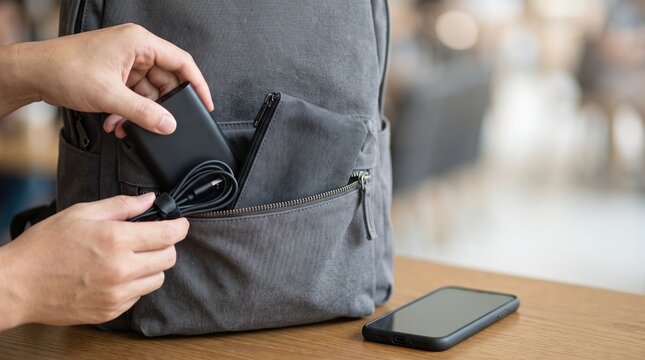 Person retrieving wallet from backpack near smartphone