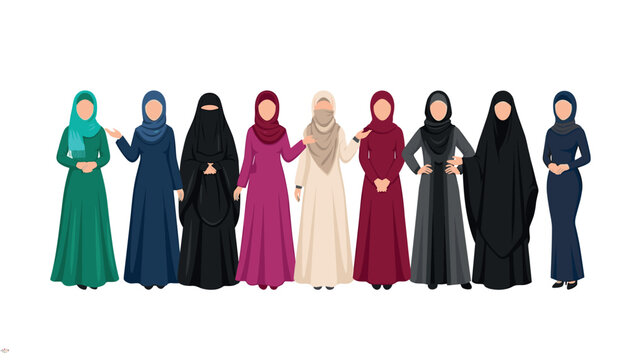 PrintGroup of diverse Muslim women standing together wearing different traditional hijab niqab and abaya fashion outfits vector illustration