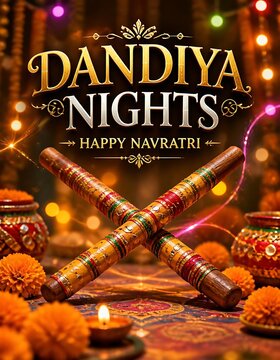 Pair of decorated wooden sticks for dandiya raas dance during navratri festival