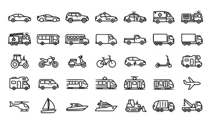 Vehicle Line Art Icons Set, 30 Car Bus Truck Motorcycle Aircraft and Transportation Symbols, Editable Stroke Vector Illustration © MeMithun