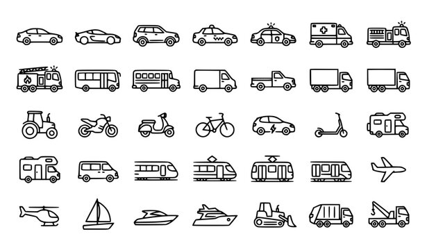 Vehicle Line Art Icons Set, 30 Car Bus Truck Motorcycle Aircraft and Transportation Symbols, Editable Stroke Vector Illustration