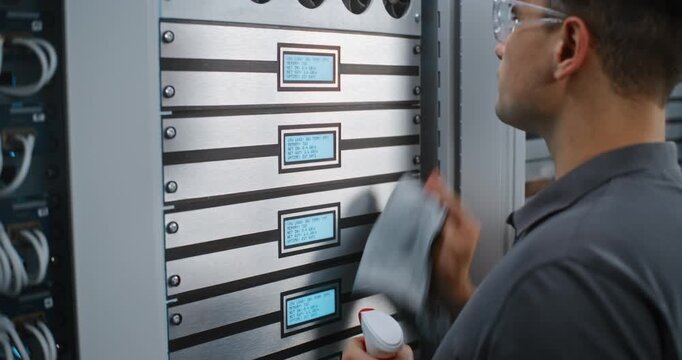 Male System Engineer Cleans Server Cabinet Panels Using Spray Bottle and Cloth. Structured Cleaning Maintains High Level Facility Hygiene Across Modern Servers Room. Concept of Hardware Maintenance.
