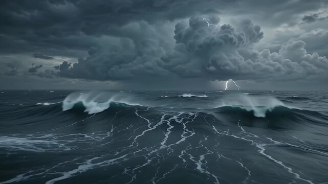 Lightning strikes a stormy ocean with dark clouds brewing