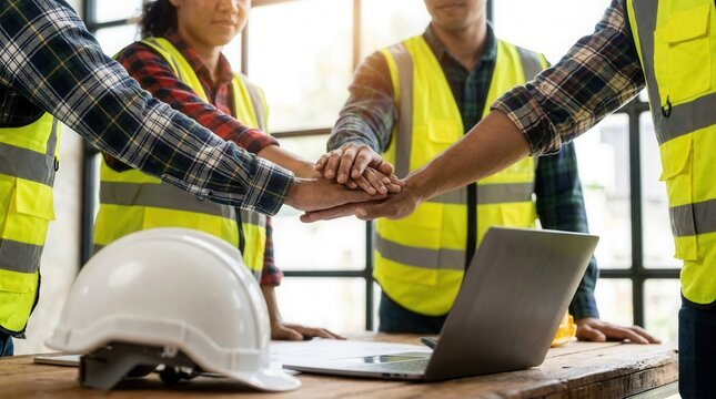 A group of construction workers performing a team huddle with hands stacked.