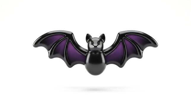 Stylized 3D glossy black and purple bat illustration for Halloween with soft shadow on white background