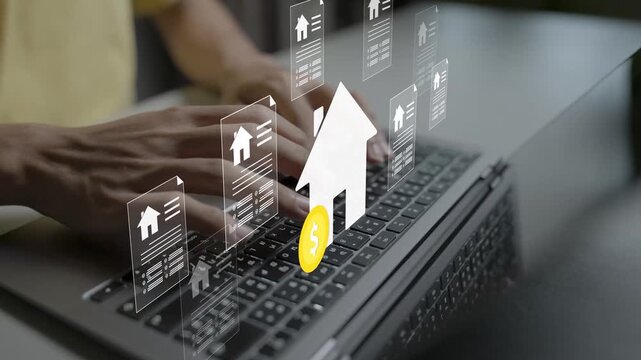 Real estate agent and property documents management concept. Person using laptop with house home, contract agreement and key icons, digital real estate document filing.