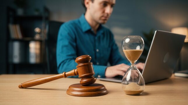 Time running out for legal proceedings signified by an hourglass and judge gavel.