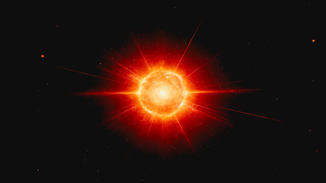 A bright, fiery celestial object with radiating light rays sits in dark deep space, showcasing intense stellar radiation.