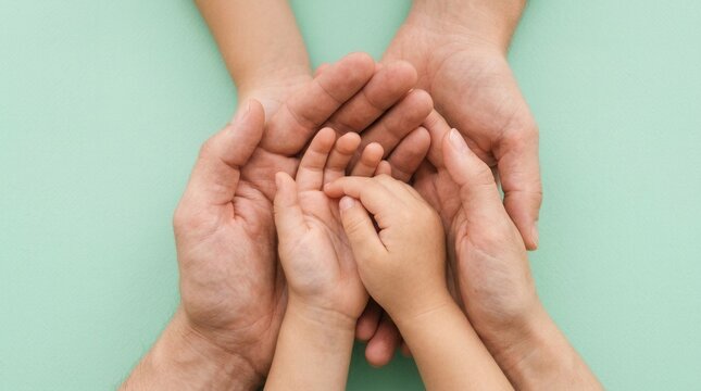 A top down view of family hands representing togetherness and passing down legacy.