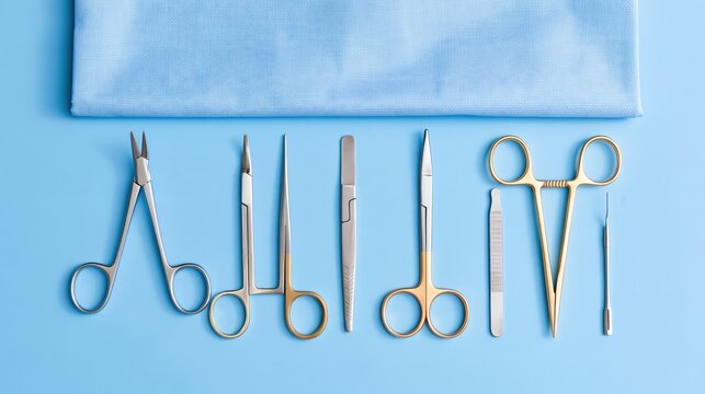 Surgical instruments arranged on light blue background with folded cloth, including forceps, scissors, and probes in metallic and gold finishes