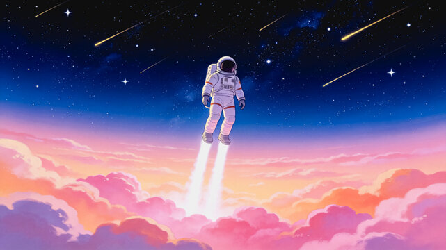 An astronaut wearing a spacesuit flies above pink clouds through a starry sky with shooting stars, in a dreamy illustration.