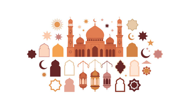 Islamic vector element set featuring flat mosque lanterns crescent moon stars and arabesque frames for ramadan kareem greeting cards