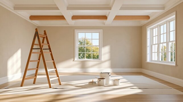 Empty room with wooden ladder, paint cans and drop cloth under natural sunlight from large windows, coffered ceiling with exposed beams