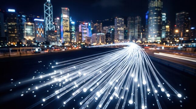 High-speed fiber optic network infrastructure connecting a modern city.