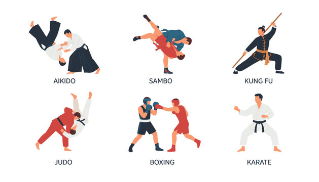 Martial arts vector characters set featuring fighters practicing aikido sambo kung fu judo boxing and karate sports discipline