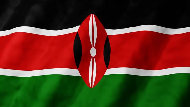 3D animation of Kenyan flag waves gently seamless loop in the breeze. Black, red, green, and white stripes frame a central shield.  proud and bold. Symbolism blends unity. 4k motion graphics 