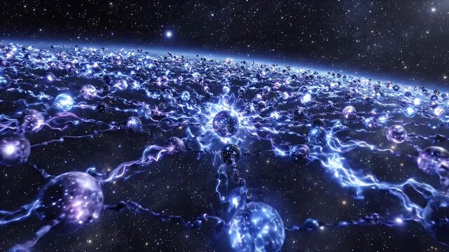 Cosmic energy nodes form a glowing intergalactic grid
