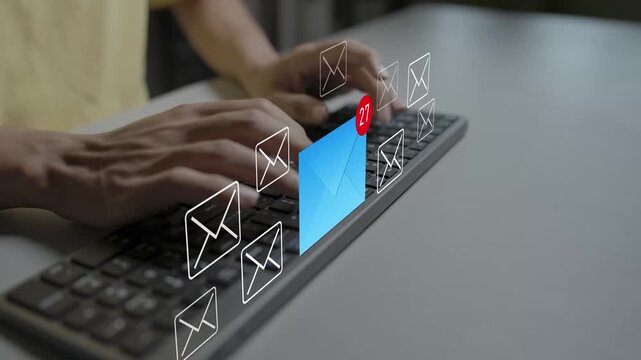Email marketing concept. Person typing keyboard with open mail, target audience, digital newsletter campaign and automated customer engagement.