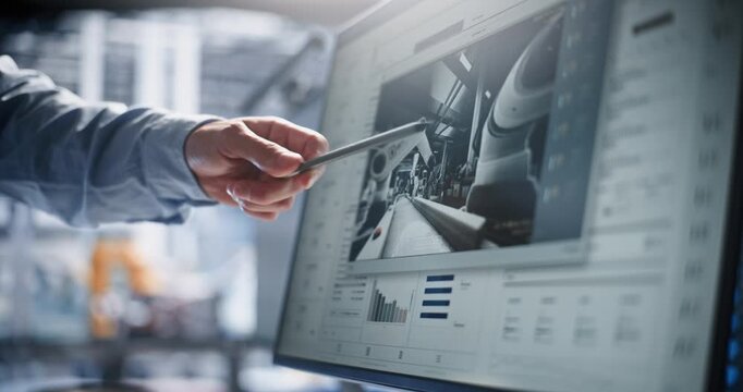 Specialist Using Stylus to Point at Software UI Showing Automated Conveyor Robotics. Cyber Physical Data Dashboards Streamline Plant Operations. Concept of Digital Twin, Industrial UI, UX Dashboard.