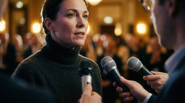 A woman politician speaking with authority at a podium during a media briefing.