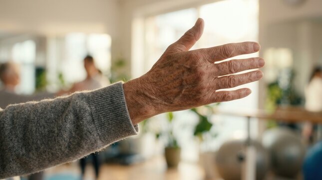 Close up of an elderly hand reaching forward during a physical therapy session.