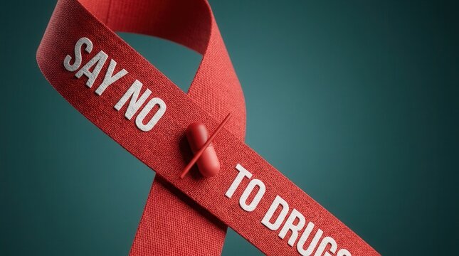 Anti-drug prevention concept showing a red ribbon with a pill icon and Say No To Drugs text.