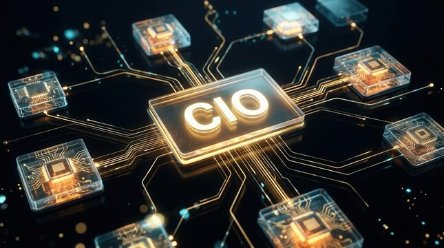 Digital network diagram highlighting the CIO position within a corporate organizational hierarchy.