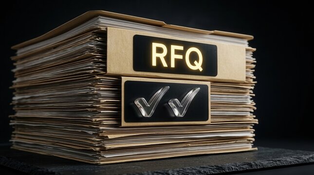 Business RFQ request for quotation folders with red and green check marks in a stack.