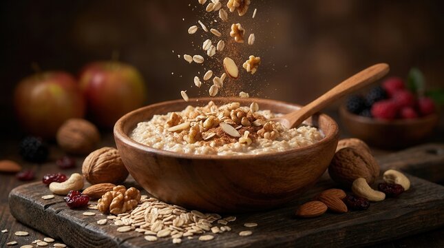 A delicious bowl of creamy oats topped with nuts for healthy eating and nutrition.