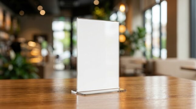 Modern cafe interior with a blank acrylic sign stand on a wooden table for mockup.
