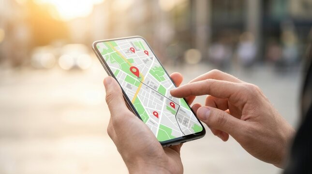 Smartphone displaying a city street map for location tracking and route navigation.