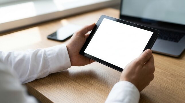 A person holding a digital tablet computer with an isolated screen for multitasking.