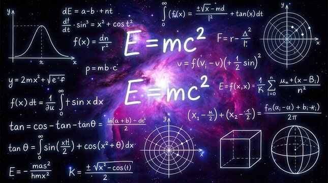 Mathematical equations and graphs overlaid on a glowing cosmic nebula for scientific discovery.