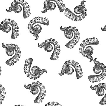 seamless pattern squid octopus kraken tentacle hand drawn. sea tattoo, art underwater, fantasy isolated squid octopus kraken tentacle black sketch illustration