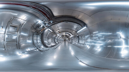 Fototapeta premium 360 degree panorama view.A futuristic space tunnel with a metallic surface is shown in a 3D image. It's a complete, high-resolution panoramic view, perfect for virtual reality.