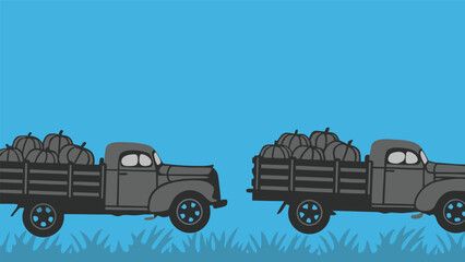 Fototapeta premium Classic pickup trucks carrying pumpkin harvest loads across a bright blue landscape vector graphic with landscape illustration agriculture transport transportation countryside vegetable