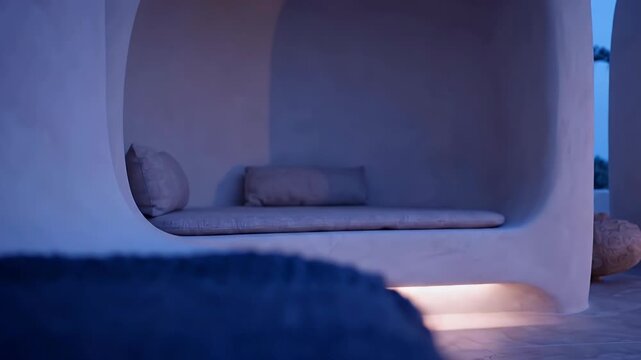 Muted twilight architectural study of an outdoor alcove seating area