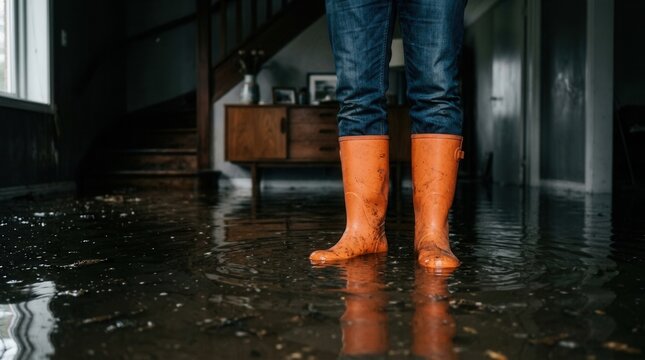 Person in bright orange wellington boots standing in murky water during house flooding.