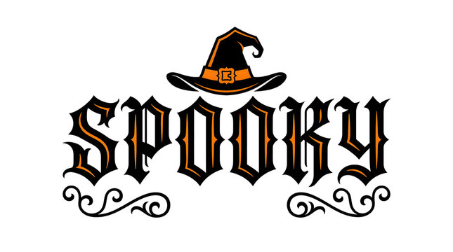 A decorative halloween themed design featuring the word spooky in a gothic font with a witch hat and ornate flourishes