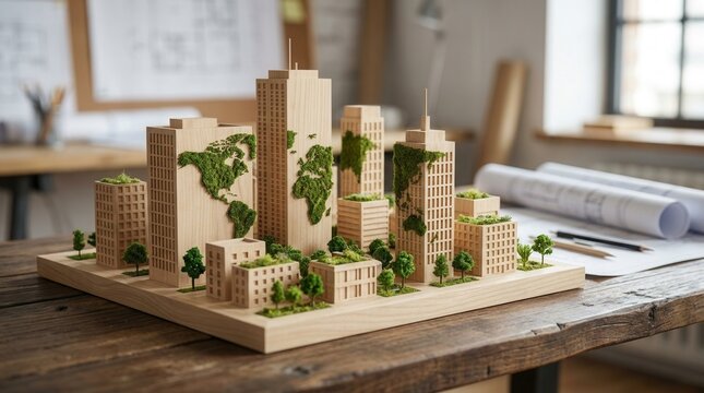 Sustainable urban planning model showcasing green real estate and global economic viability.