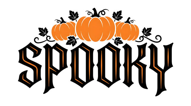 Decorative halloween text design featuring the word spooky written in a gothic font style with orange pumpkins and dark leaves