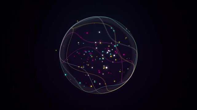 Abstract glowing particle sphere with colorful wavy lines rotating on dark background motion graphic