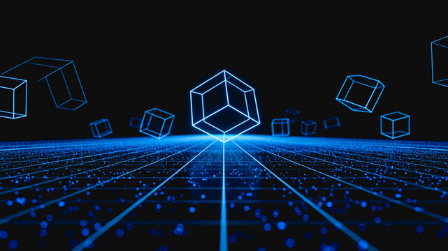 A futuristic digital scene with glowing wireframe cubes floating above a blue grid, representing blockchain and data technology.