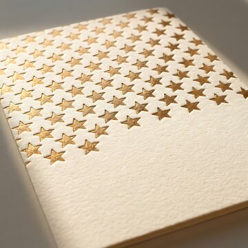 Gold foil star pattern on textured white paper card
