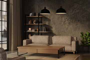 Modern living room beige sofa coffee table pendant lights bookshelf concrete wall. © bongkarn