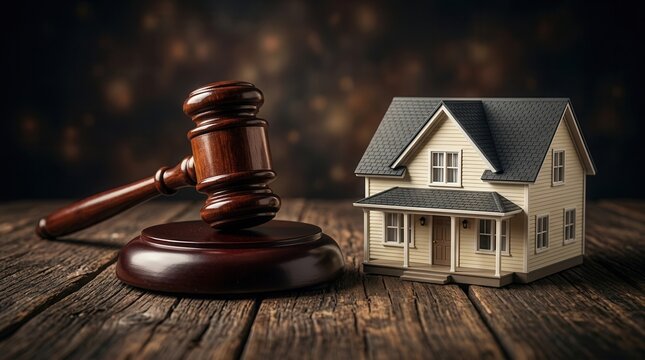 Small house model and a wooden judicial gavel symbolizing legal real estate matters.